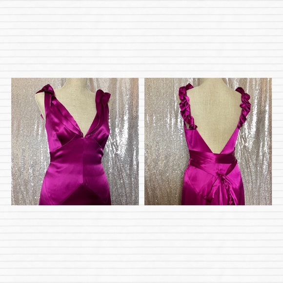 🏷SOLD Magenta Pink Ruffle Silk Gown Floor Dress - Picture 7 of 9
